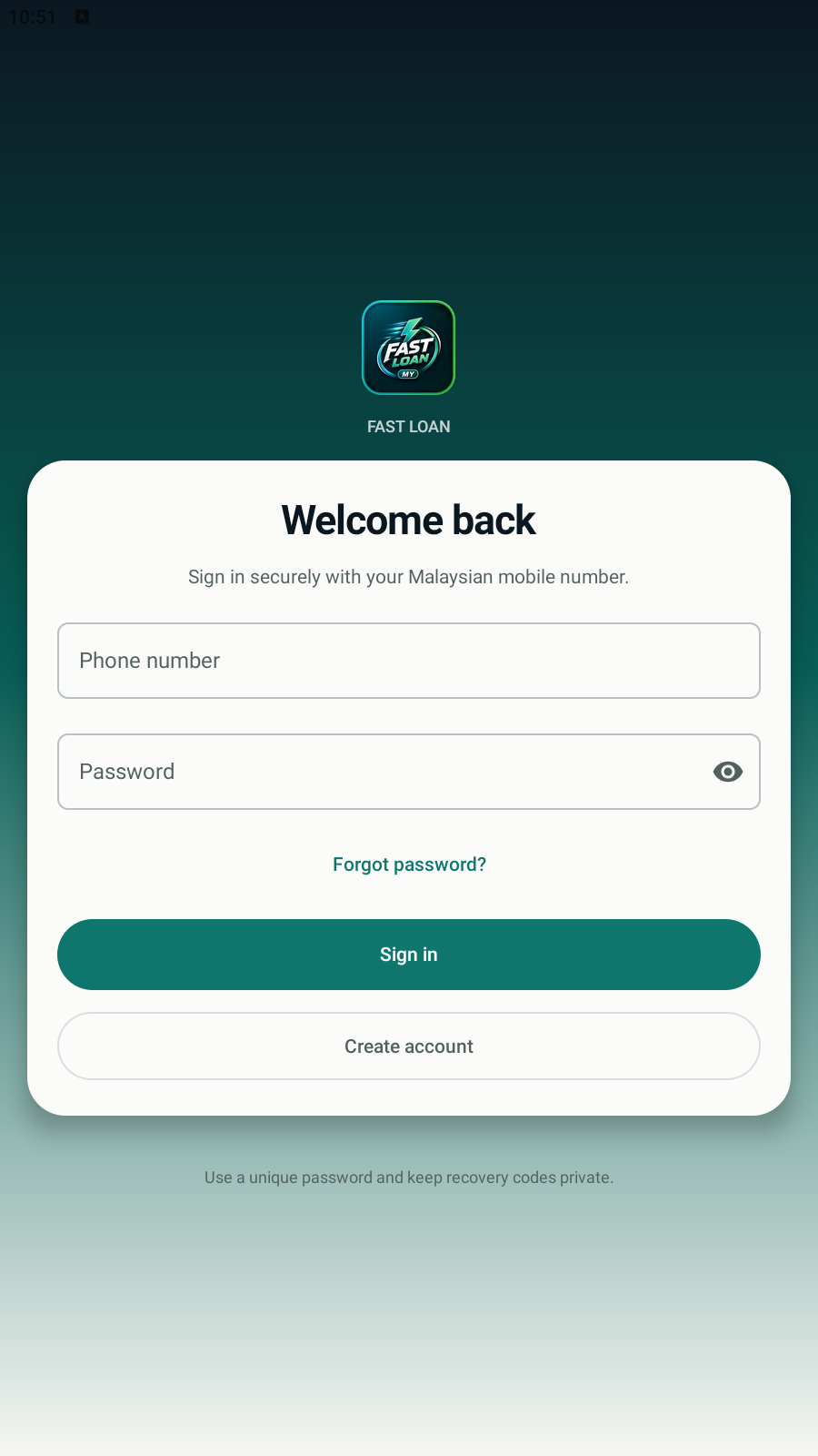 Fast Loan MY sign-in screen showing phone number and password fields